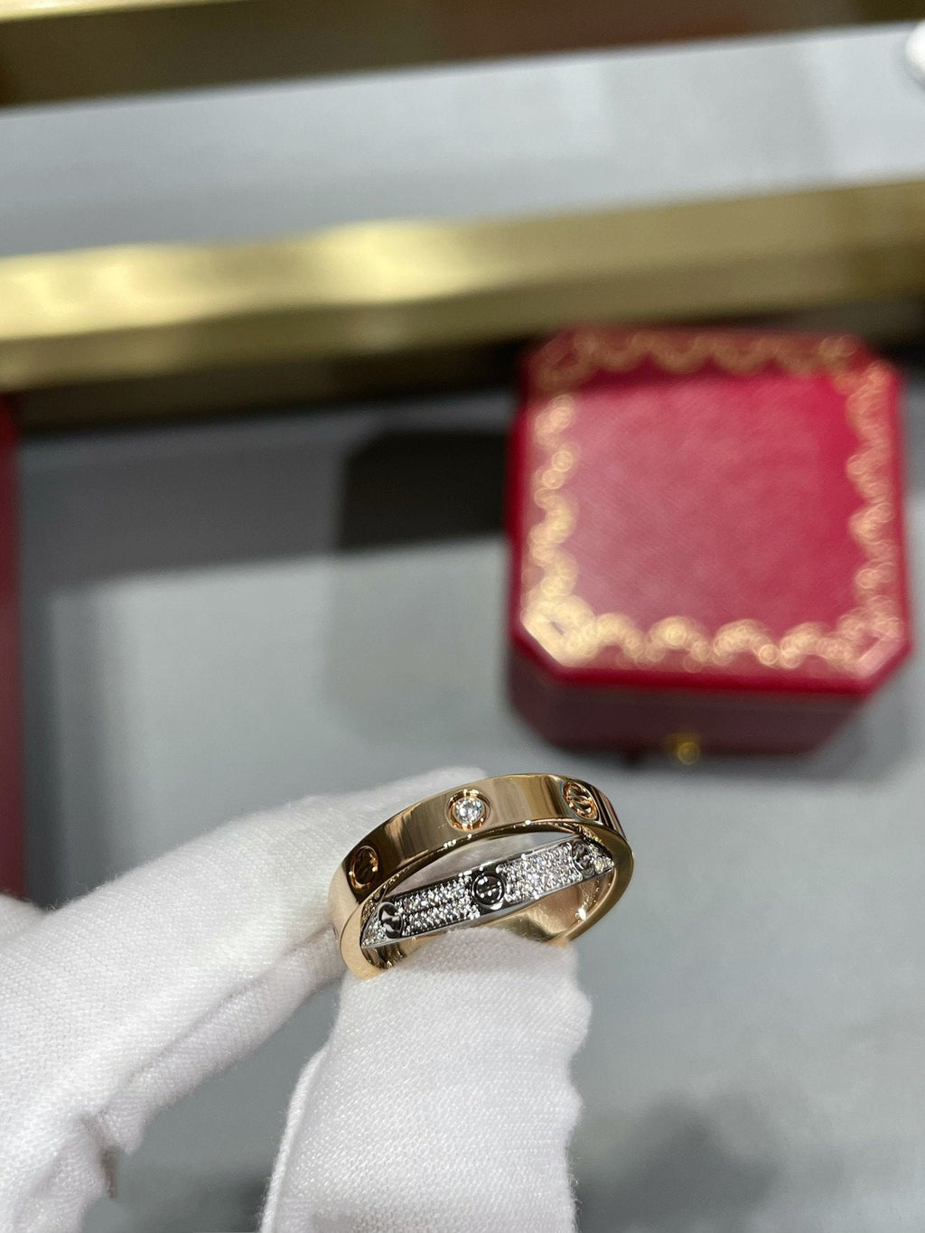 ¡®Lumi¡¯LOVE PINK GOLD SILVER DIAMOND DOUBLE RING