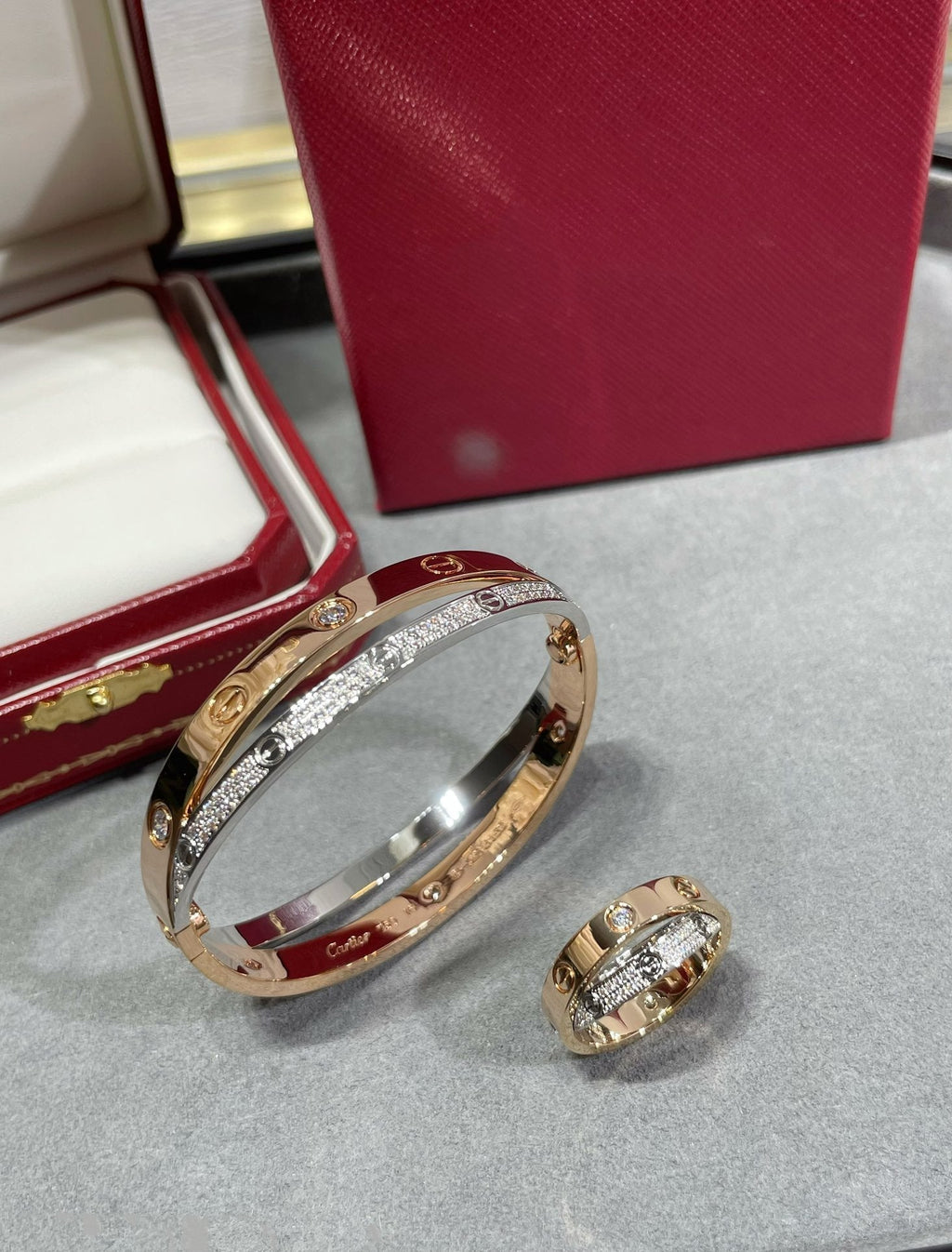 ¡®Lumi¡¯LOVE PINK GOLD SILVER DIAMOND DOUBLE RING