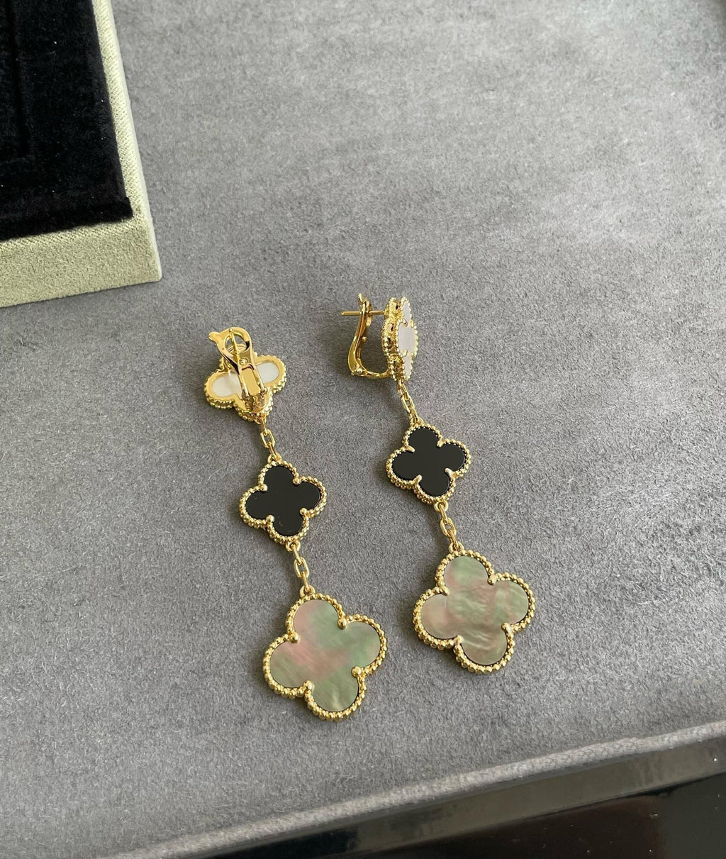 ¡®Lumi¡¯CLOVER 3 MOTIF MOP ONYX DARK MOP PINK GOLD EARRINGS