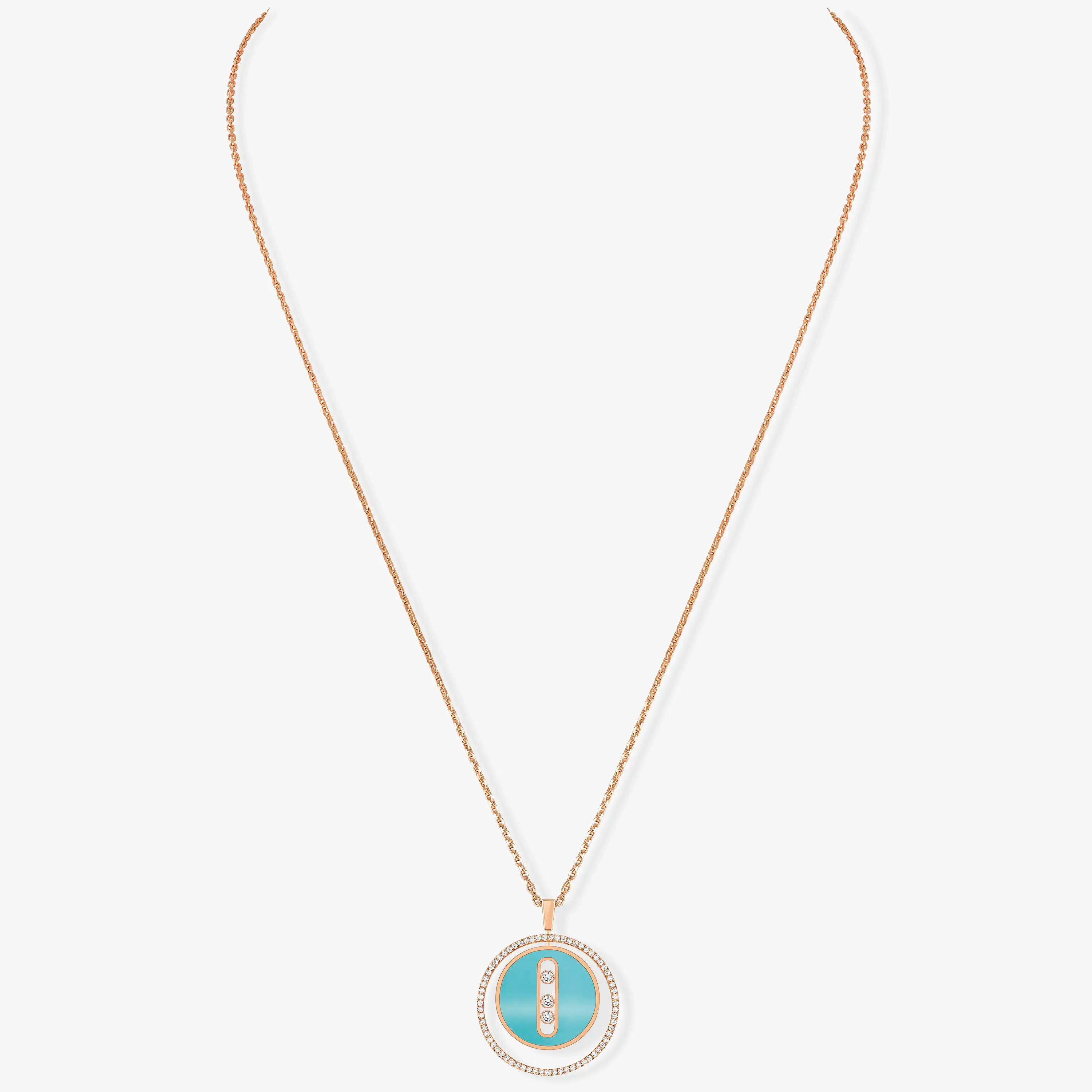 [Imperial Jewelrys]LUCKY MOVE 3 DIAMONDS TURQUOISE PINK GOLD DIAMOND NECKLACE