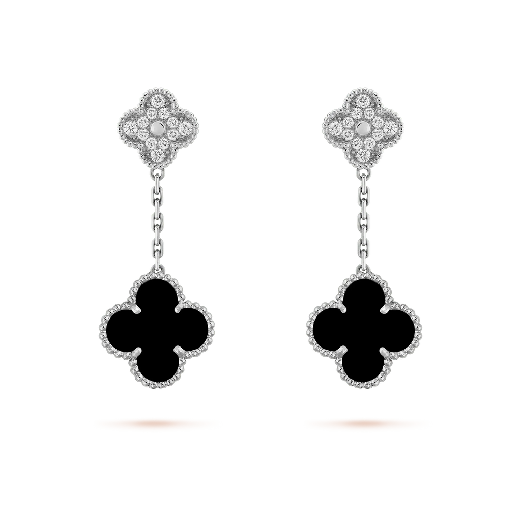¡®Lumi¡¯CLOVER 2 MOTIFS  DIAMOND ONYX EARRINGS SILVER