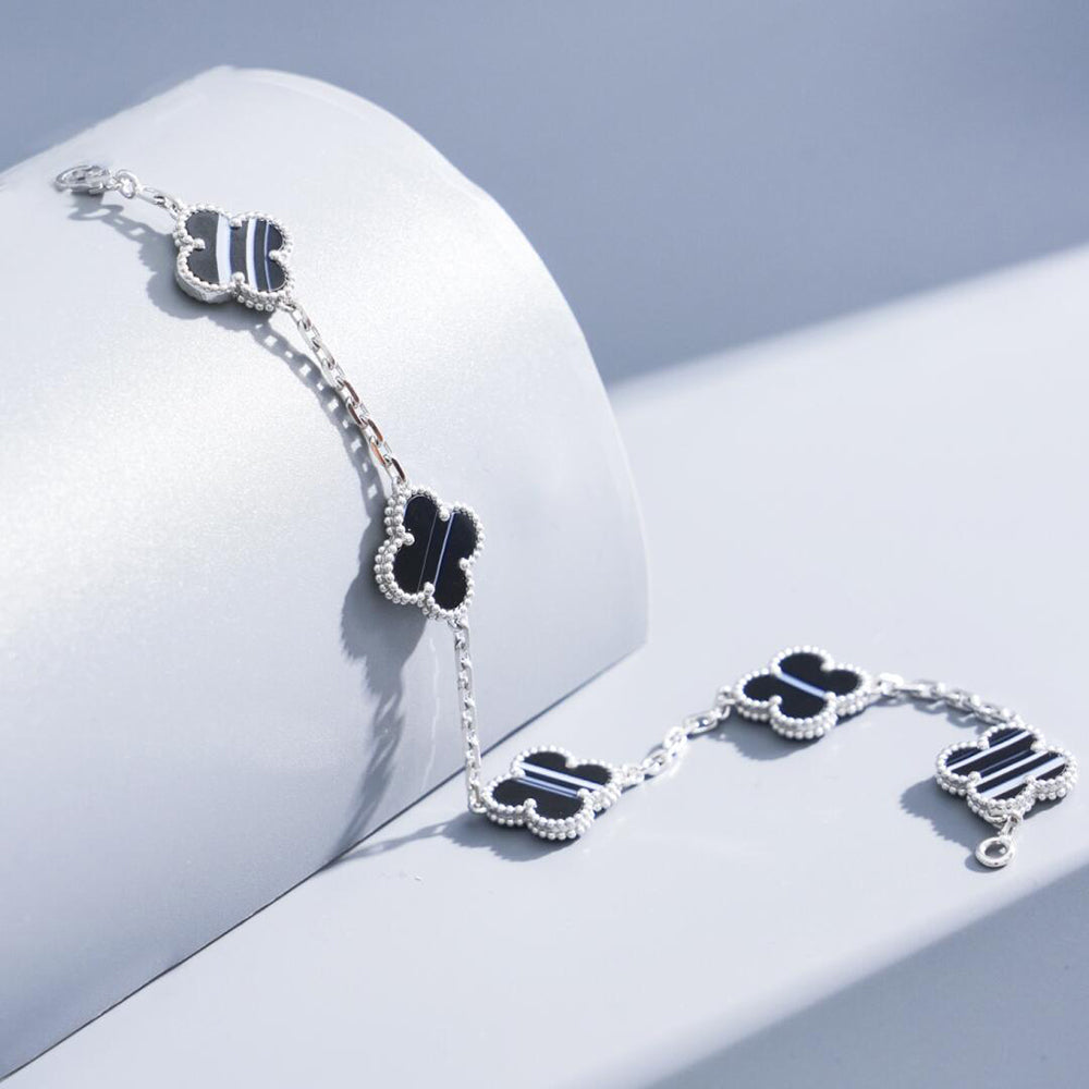 ¡®Lumi¡¯CLOVER 5 MOTIF VEINED ONYX BRACELET SILVER