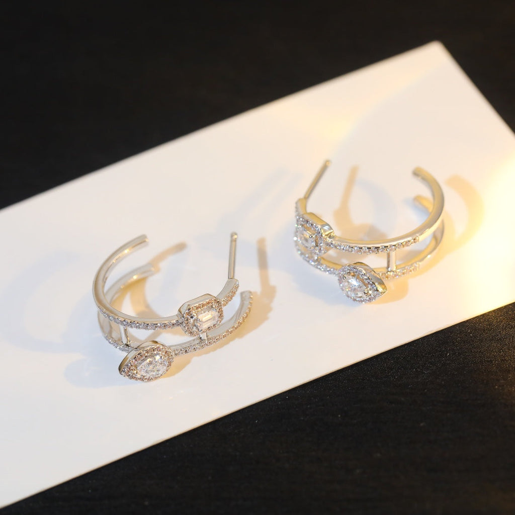 [Imperial Jewelrys]CREOLES MY TWIN 2 RANGS SILVER DIAMOND EARRINGS